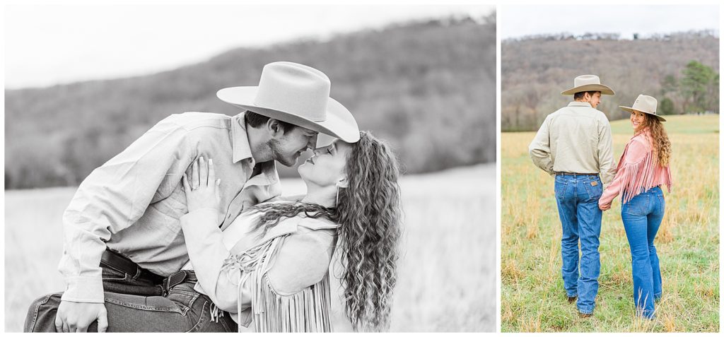 cowboy and cowgirl running through field dip kissing