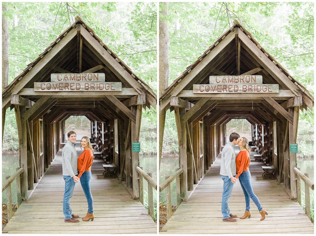 engagement photos in front of covered wood bridge