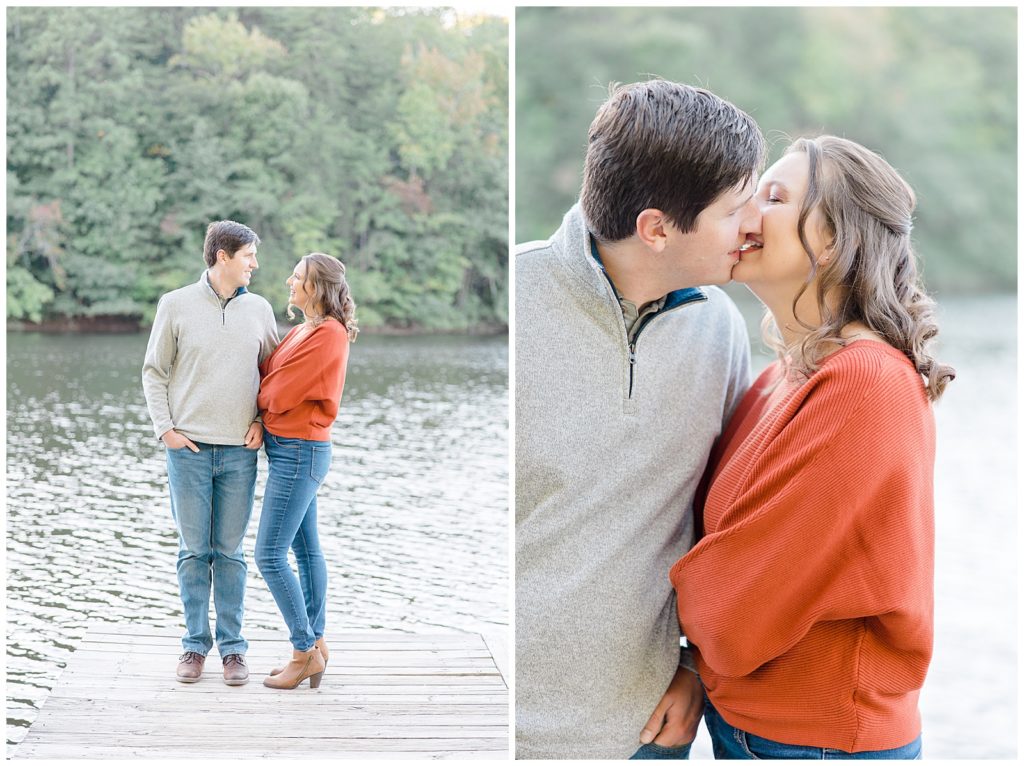 engagement photo on dock by water