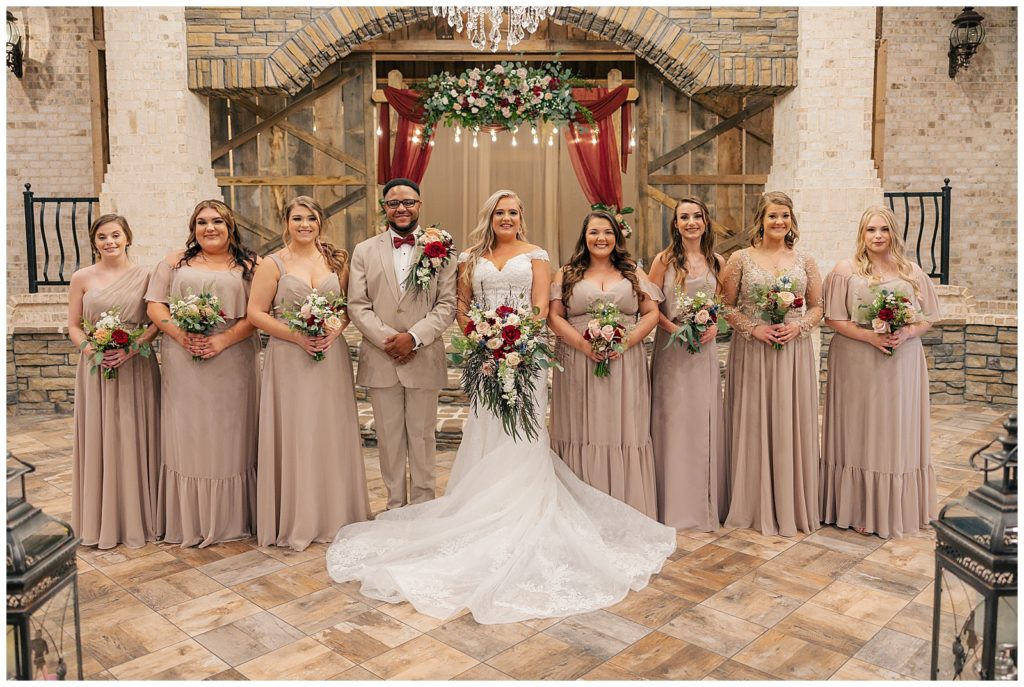 bridal party portraits with tan dresses