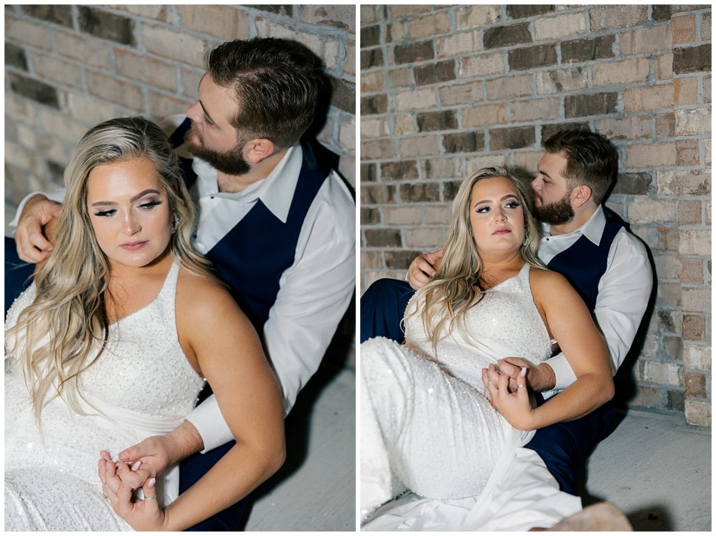nighttime bride and groom portrait at brick haven