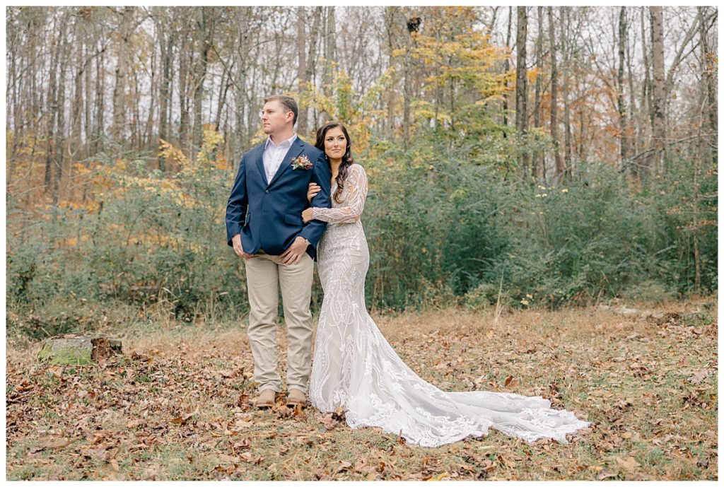 bride and groom portrait in woods